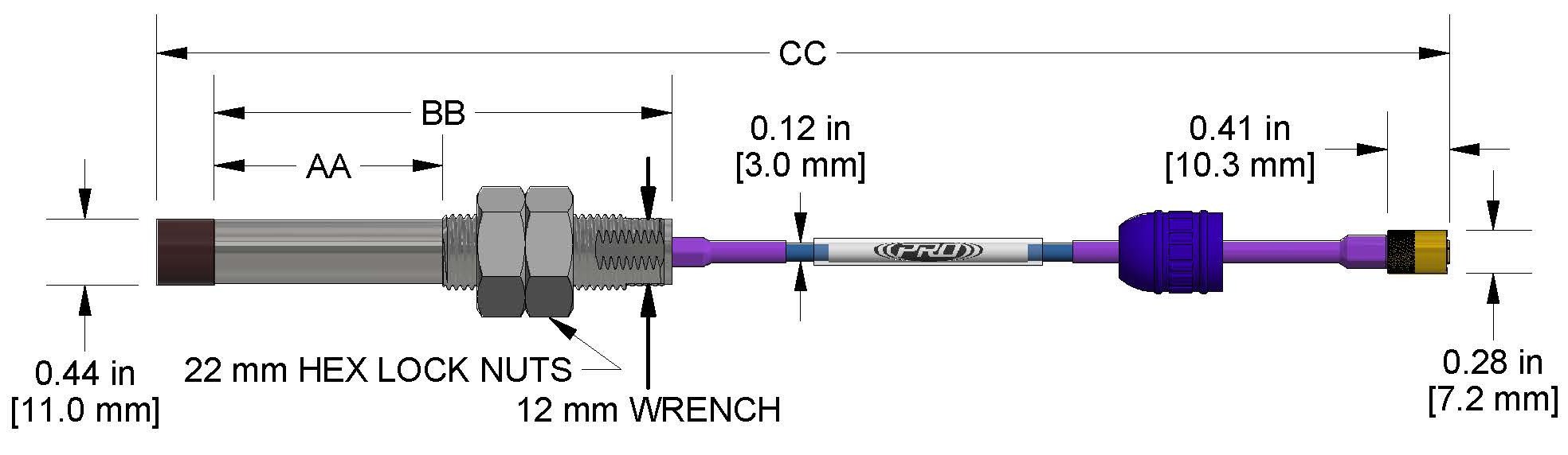 A dimension drawing of a Standard Mount CTC PRO Line Hazardous-Area Approved DP1007 proximity probe.